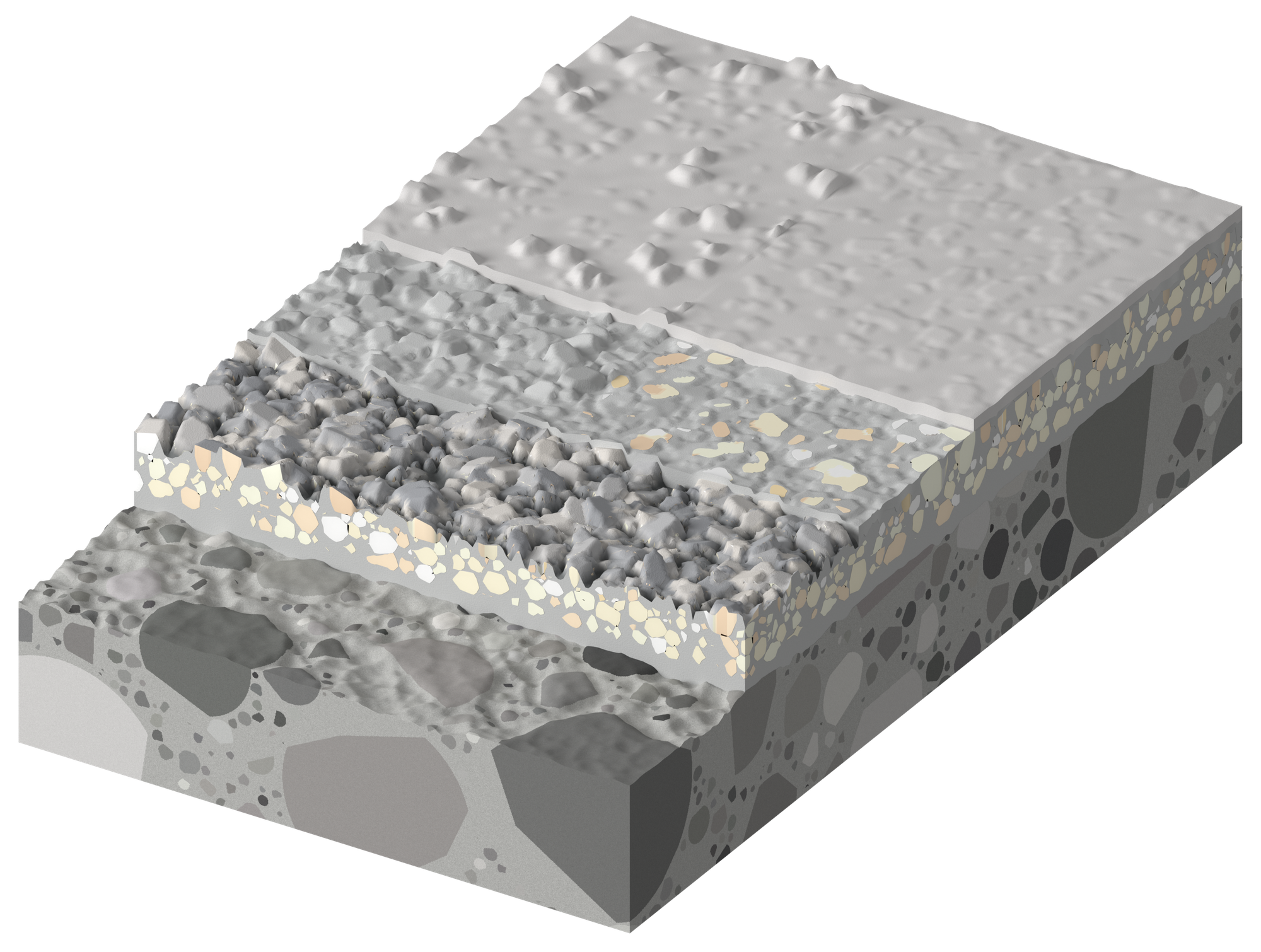 3D pás skladby EP3A: beton, penetrace F2 s pískem, nosná vrstva F2 a vrchní nátěr F2 odstupňované vedle sebe